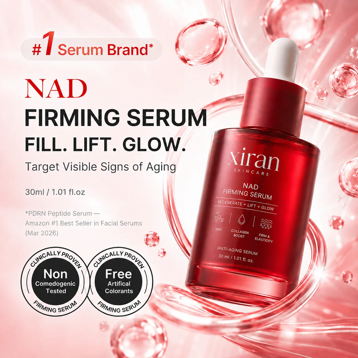 Image promotionnelle du sérum raffermissant NAD de Xiran Skincare, mettant en avant des bienfaits tels que le comblement, le lifting et l'éclat, ainsi que des propriétés anti-âge et des allégations cliniquement prouvées.
